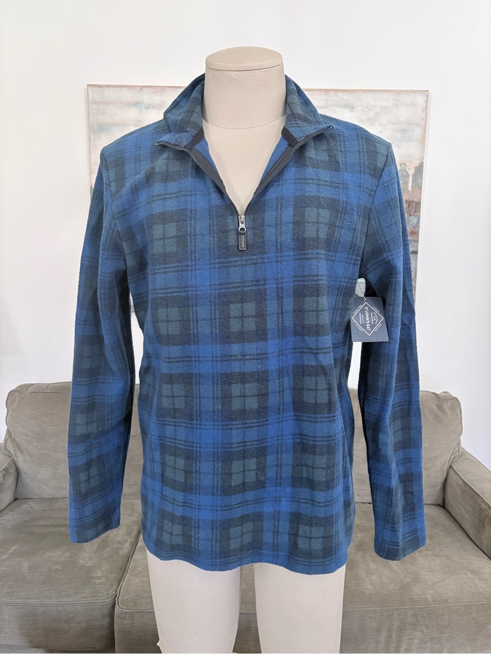 Men's Blue Plaid Quarter-Zip Sweater Pullover